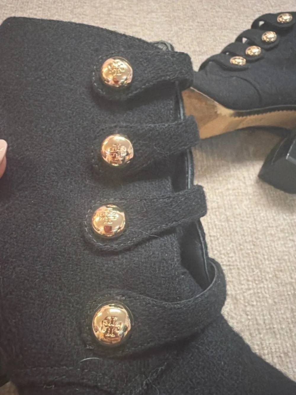 Tory Burch Marisa Boots Black Wool Felt Button Detail Patent Heel Women’s 9M